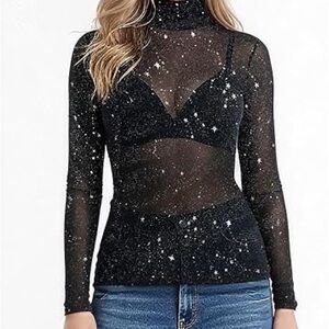 Sheer Sparkle Long-Sleeve Mesh Mock Neck Top - Black
